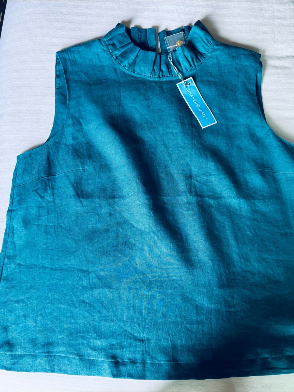 Draper James Teal Sleeveless Ruffle Neck Linen Top - XL